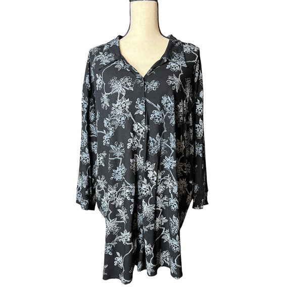 Venezia Jeans Tunic Top in Black and White Floral Print, Button Up, Size 26 28 - Picture 1 of 5
